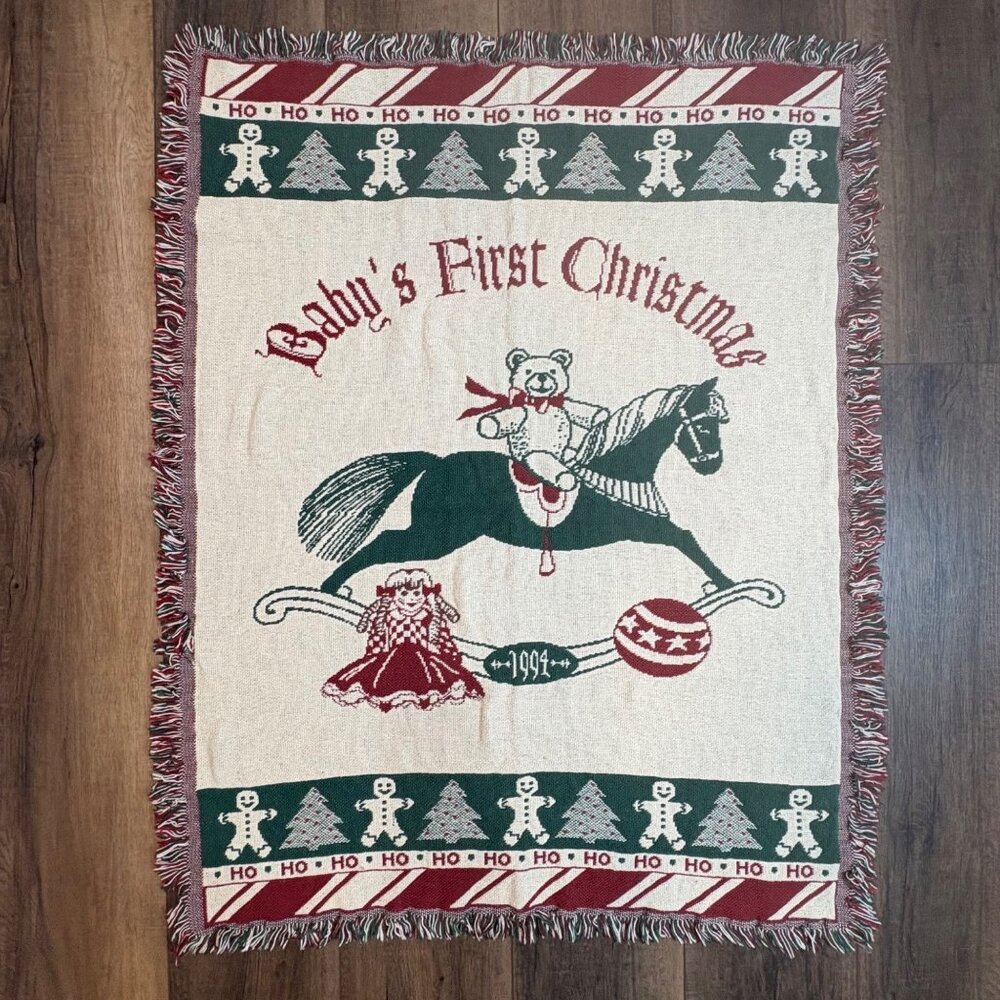 Vintage 1994 Babys First Holiday Tapestry Throw Blanket 37”x47”‎ Teddy